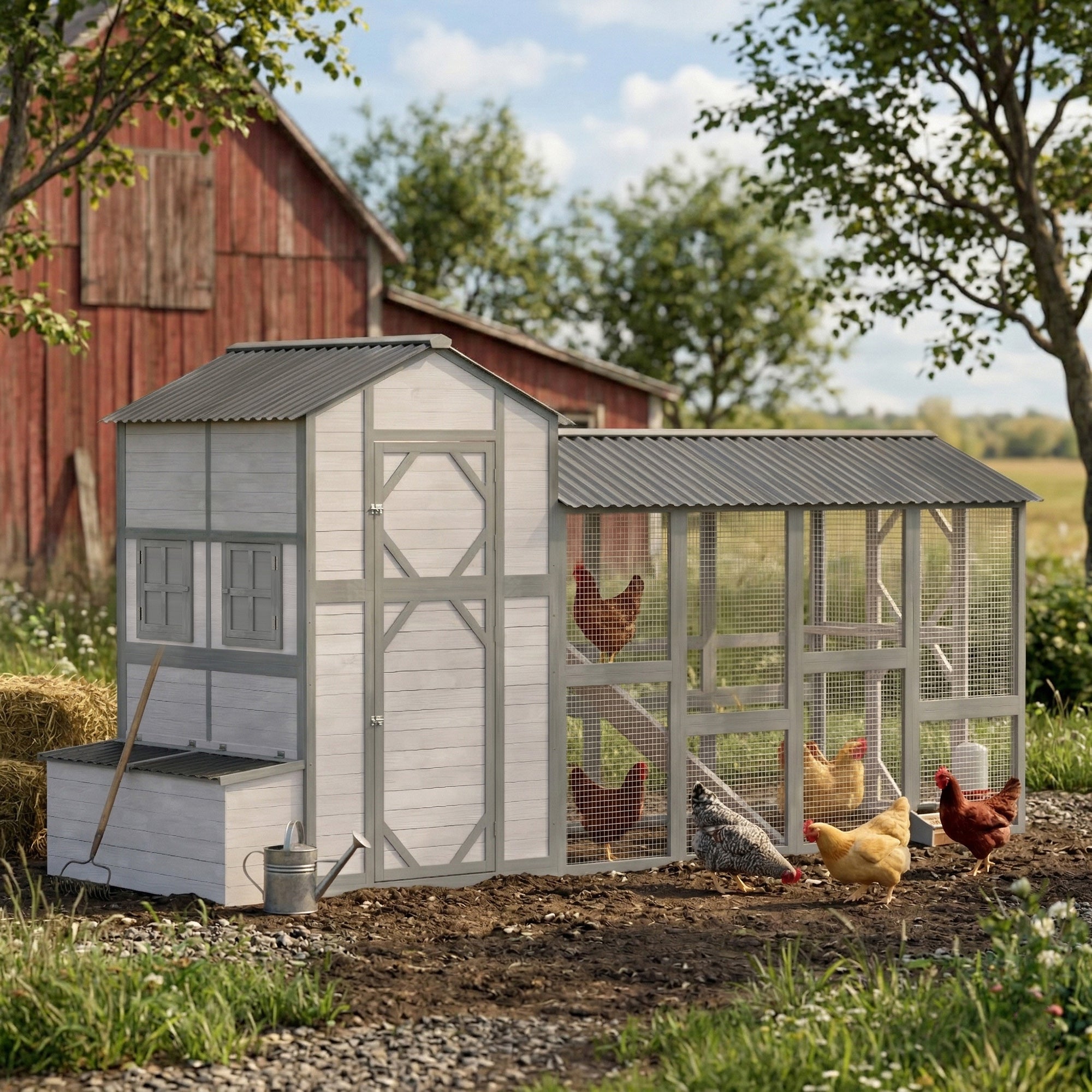 pawhut-poulailler-bois-xxl-373-cm-gris-avec-enclos-pondoir-et-tiroir image 3