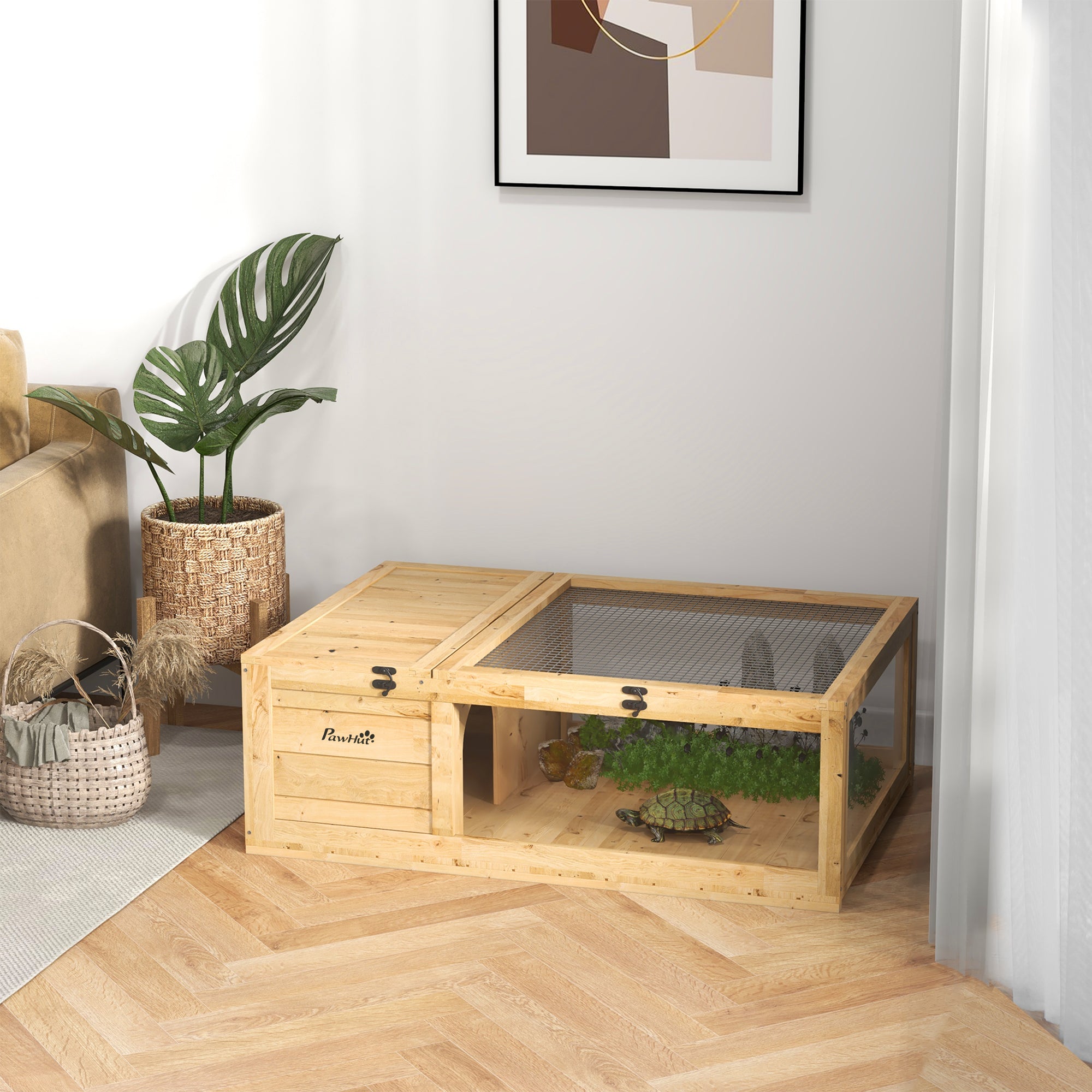pawhut-maison-tortue-en-bois-2-pi-ces-jaune-clair-habitat-reptile-d-int-rieur image 3