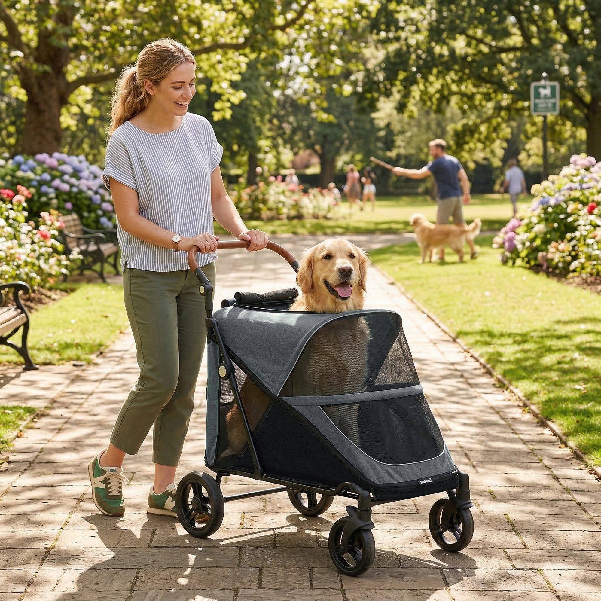 pawhut-poussette-pour-grand-chien-grise-avec-pliage-une-main-et-poign-e-r-glable image 3