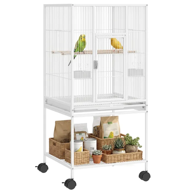 pawhut-cage-oiseaux-d-tachable-sur-roulettes-avec-tag-re-blanc image 1
