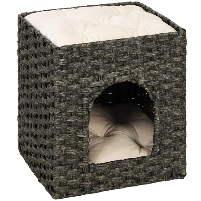 pawhut-maison-pour-chat-2-niveaux-en-rotin-tress-avec-coussins-lavables-43-x-40- image 1