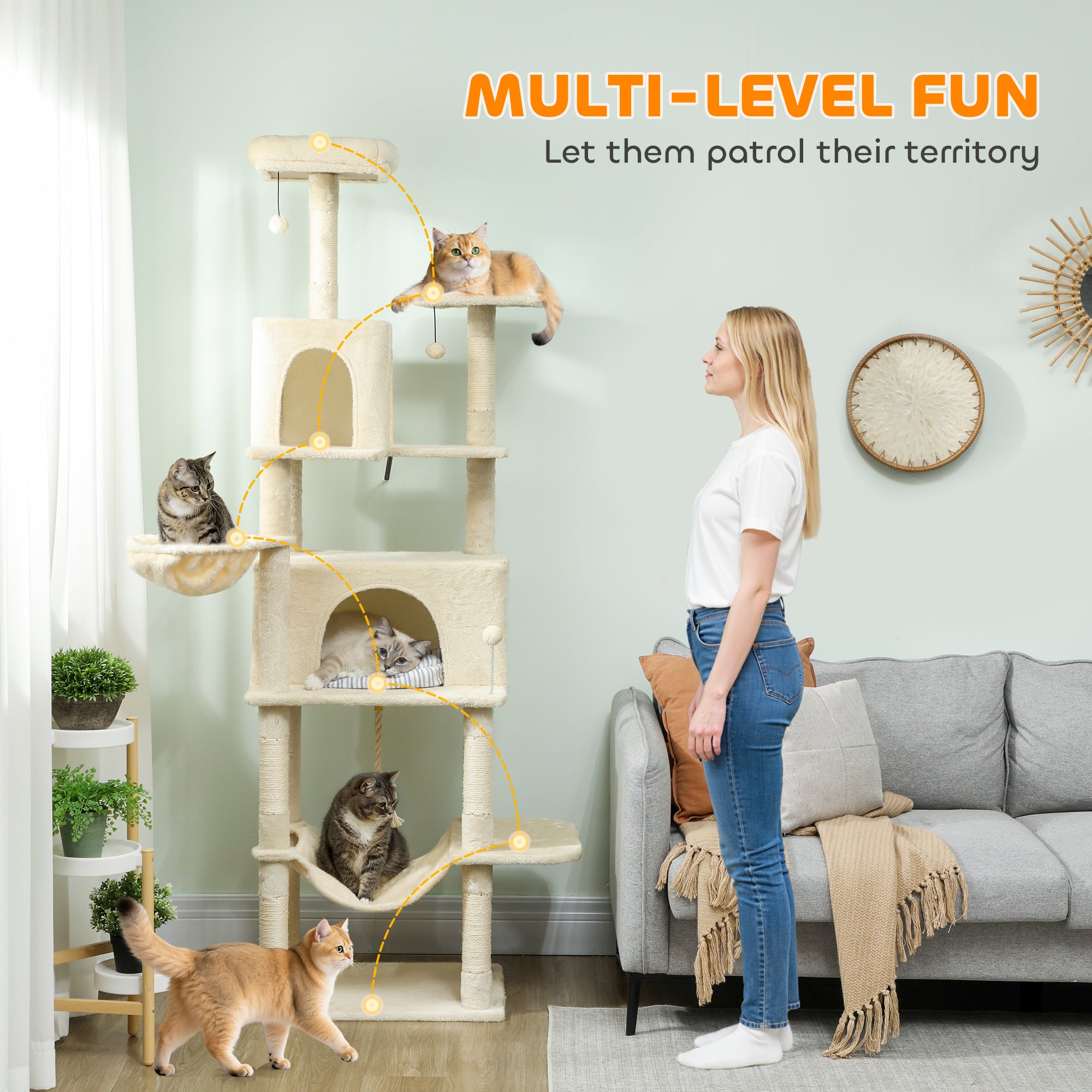 pawhut-grand-arbre-chat-202-cm-avec-6-griffoirs-2-niches-et-2-hamacs-beige image 6