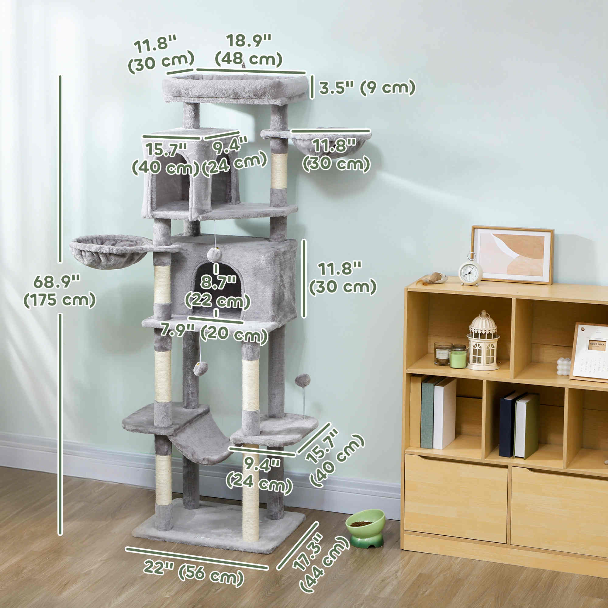 pawhut-arbre-chat-175-cm-avec-2-niches-3-hamacs-gris-clair image 5