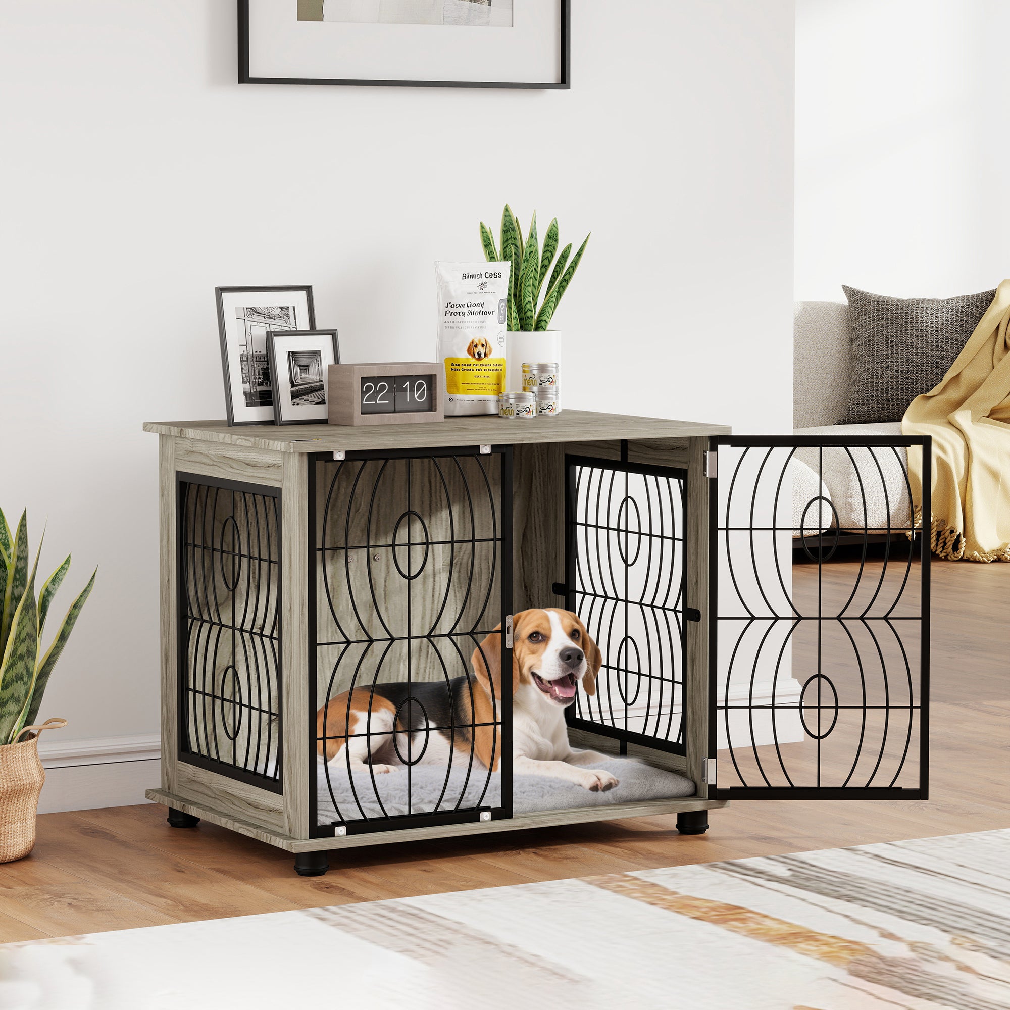 pawhut-cage-chien-table-d-appoint-80-x-56-x-63-cm-avec-coussin-gris image 1