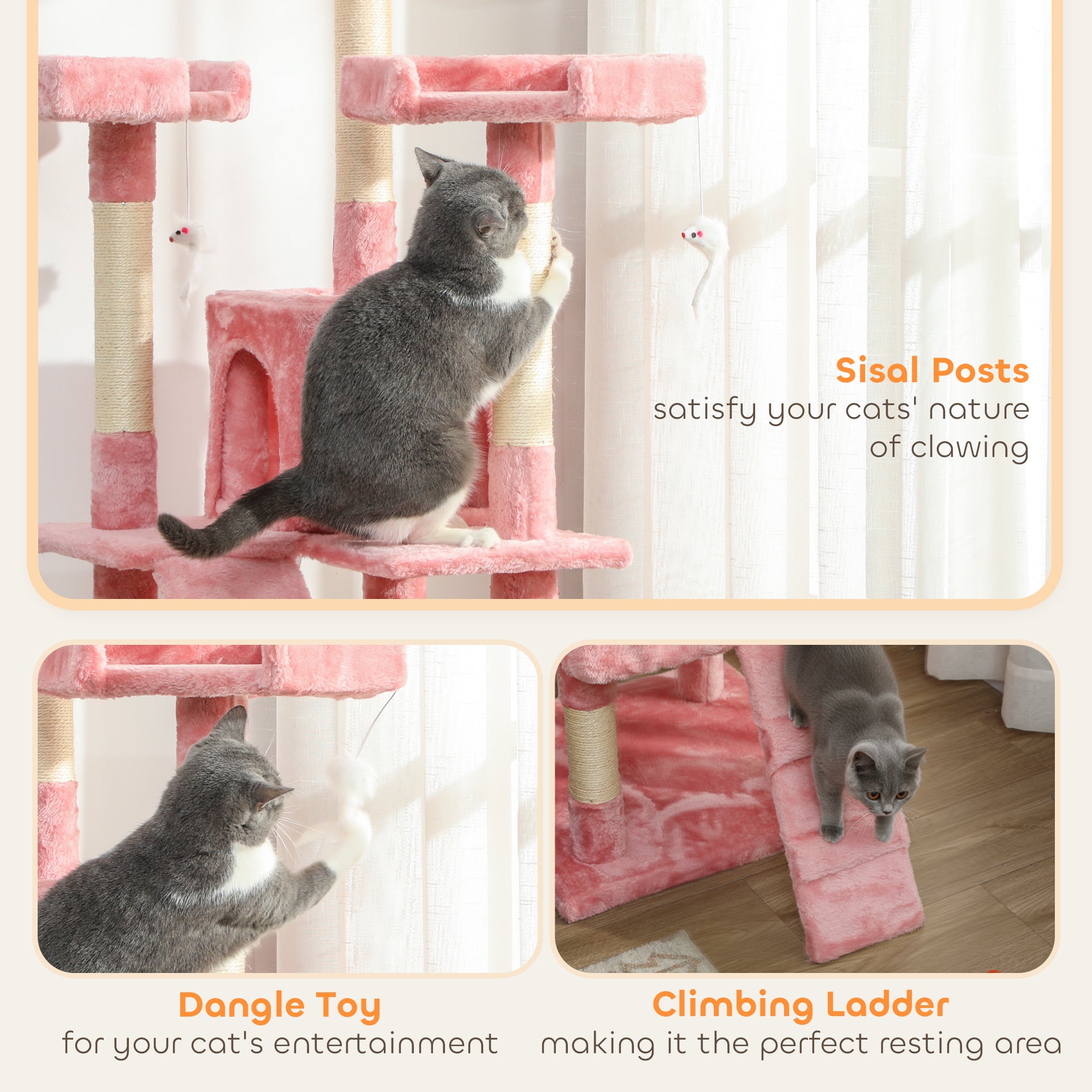 pawhut-arbre-chat-rose-173-cm-multi-niveaux-avec-niche-griffoirs-et-perchoirs image 7