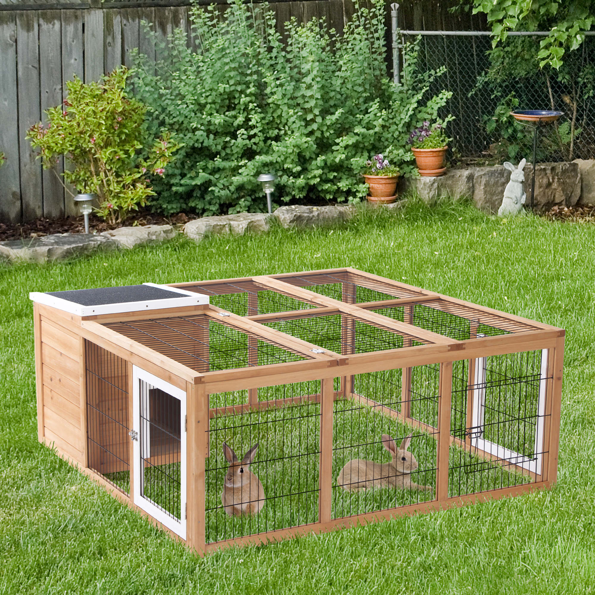 pawhut-clapier-lapin-bois-120-cm-haven-avec-parc-et-toit-ouvrant-jaune image 3
