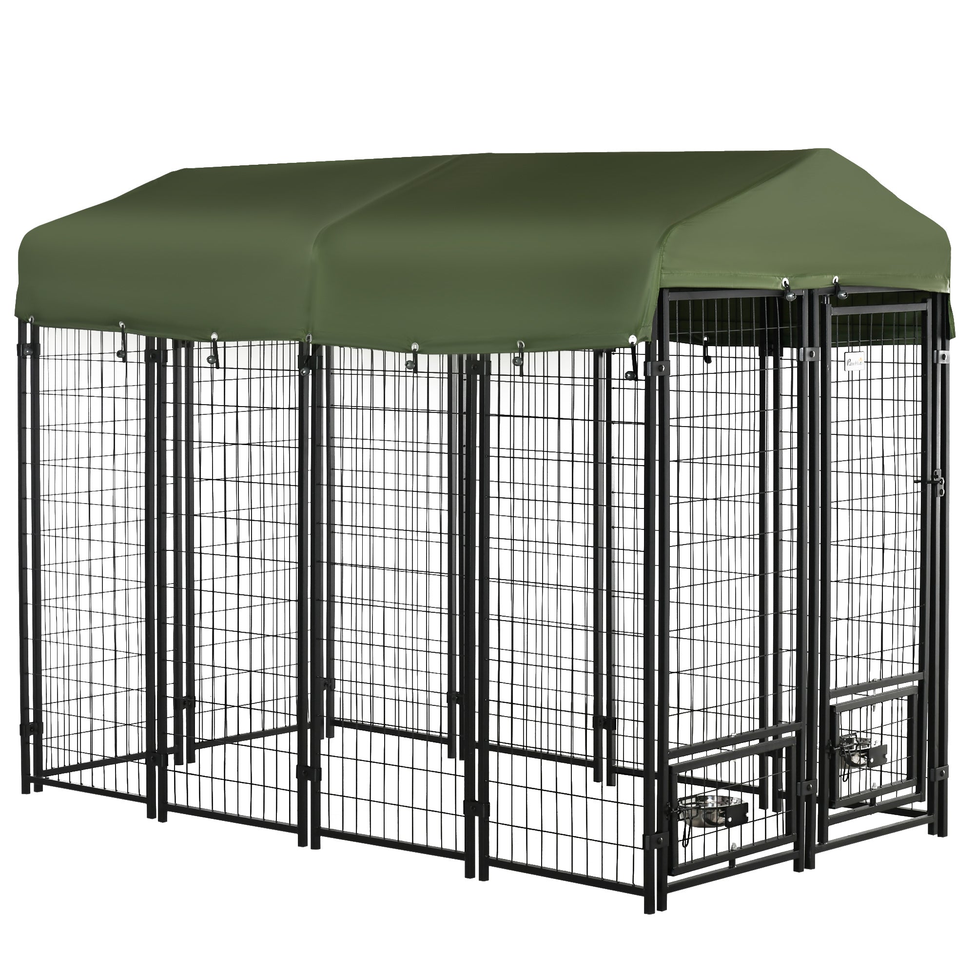 pawhut-chenil-ext-rieur-acier-avec-auvent-et-gamelles-rotatives-vert image 1