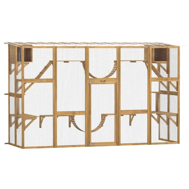 pawhut-enclos-ext-rieur-pour-chats-en-bois-300-x-95-x-188-cm-avec-ponts-jaune image 1