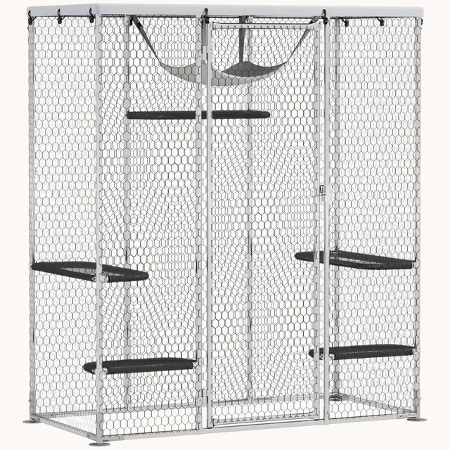 pawhut-catio-ext-rieur-m-tal-avec-5-plateformes-hamac-et-b-che-argent image 1