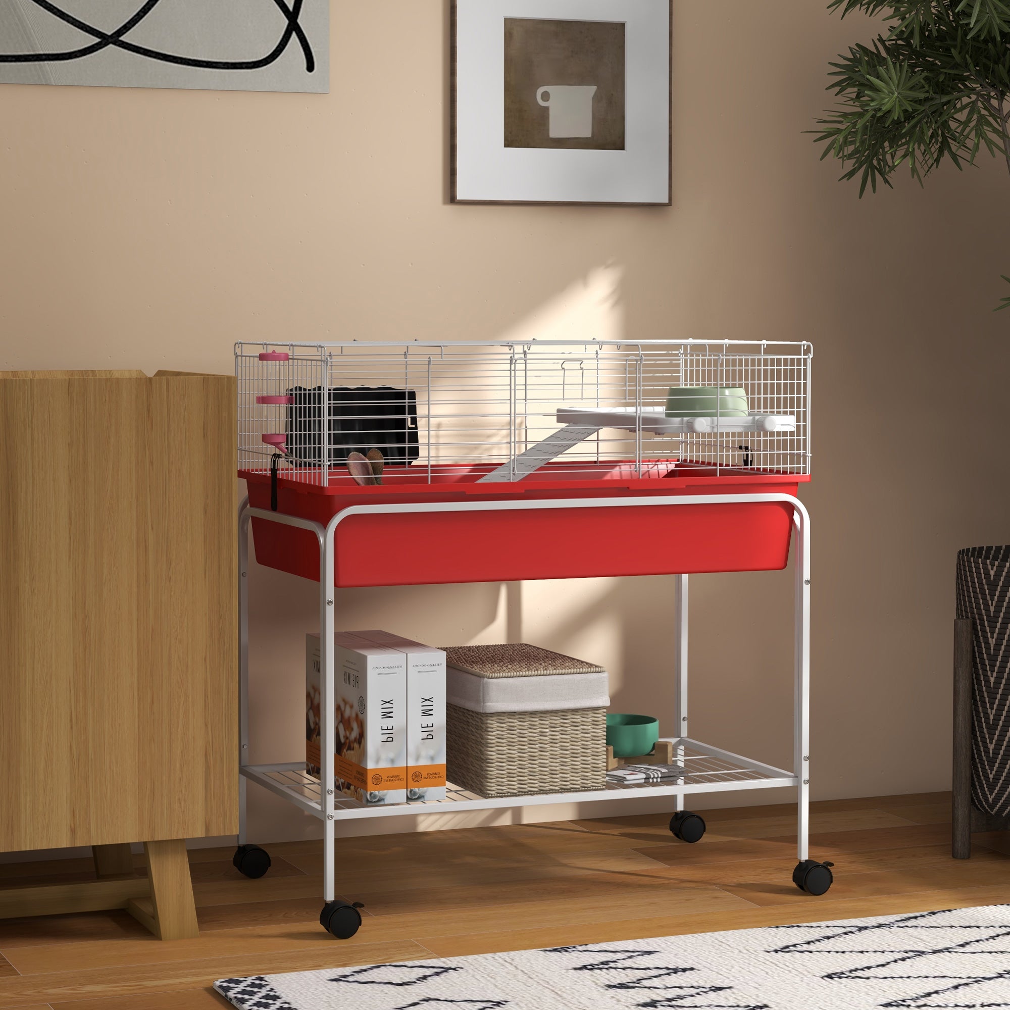 pawhut-cage-pour-animaux-2-tages-avec-support-amovible-tag-re-et-roues-89-5x47x8 image 4