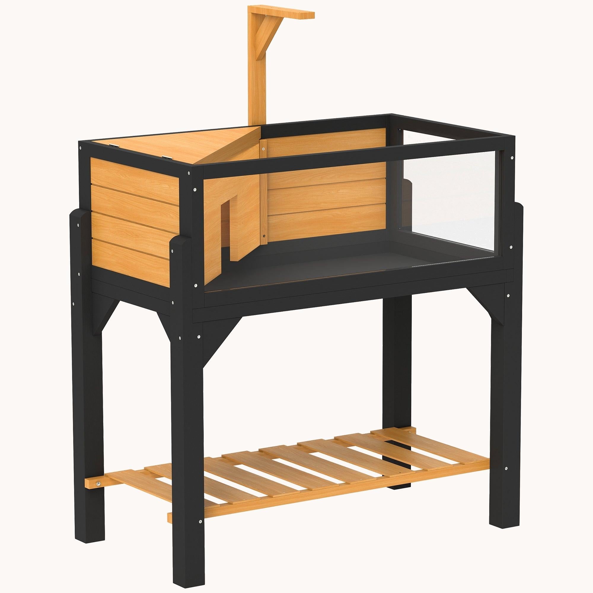pawhut-habitat-tortue-en-bois-avec-tag-re-toit-ouvert-et-support-lampe-jaune image 2