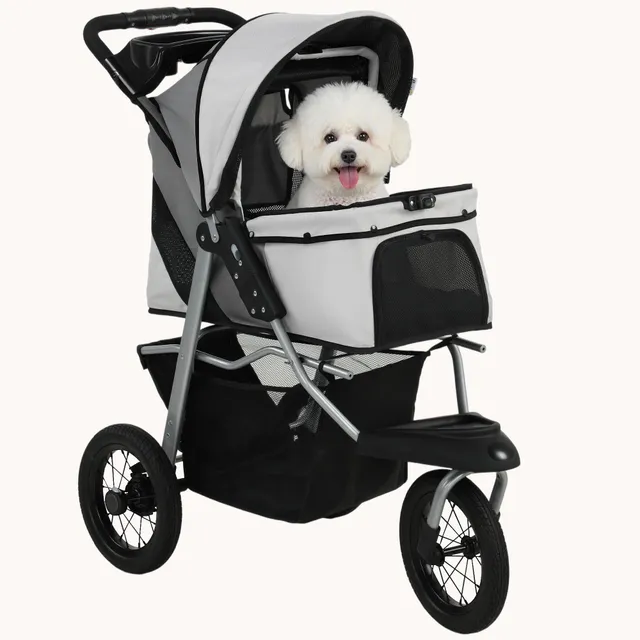 pawhut-poussette-pour-chien-pliable-3-roues-12-pouces-gris-clair-10-kg image 1