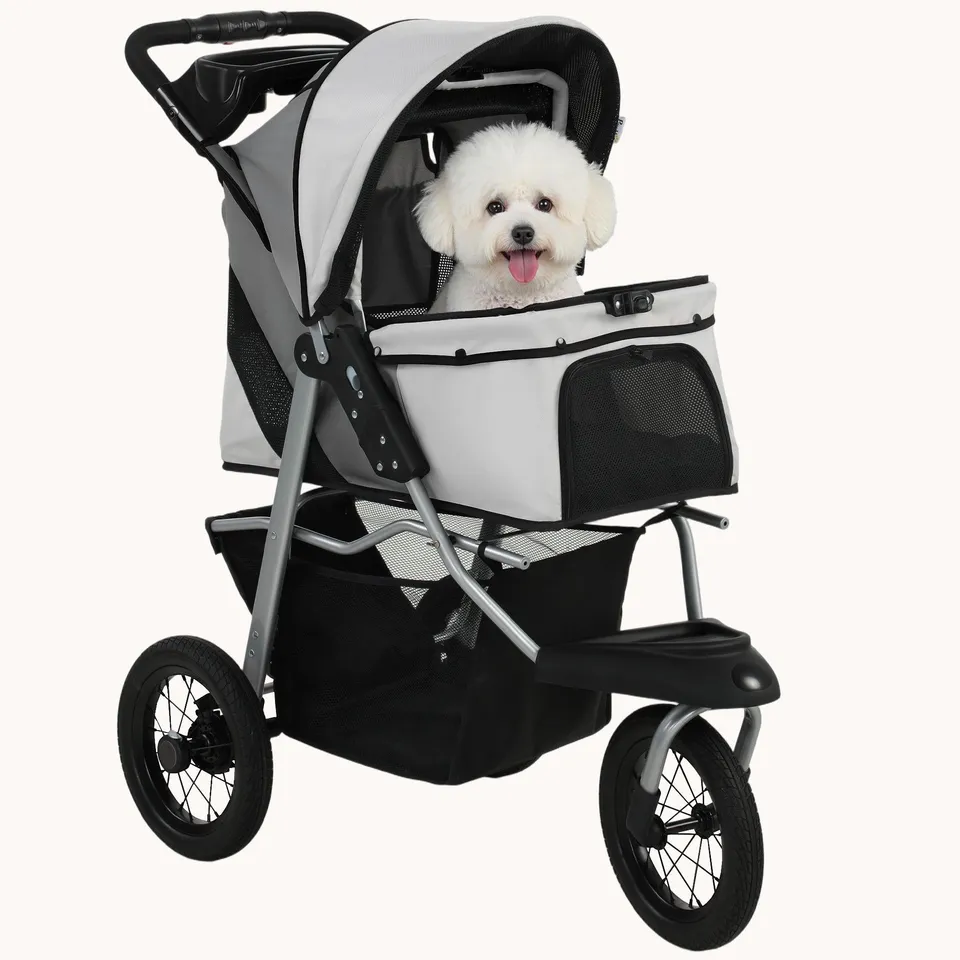 pawhut-poussette-pour-chien-pliable-3-roues-12-pouces-gris-clair-10-kg image 1