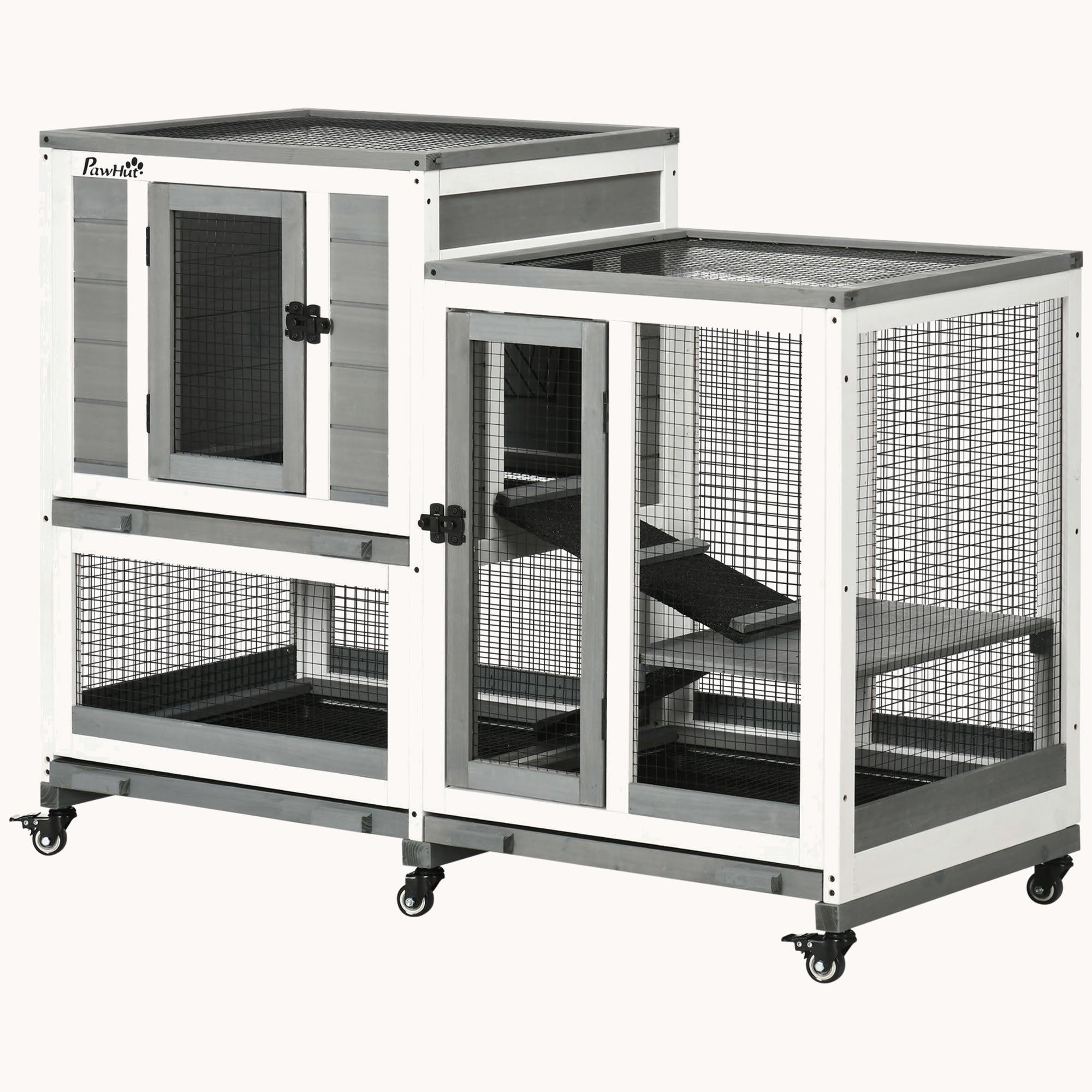 pawhut-clapier-lapin-3-tages-bois-avec-toit-tanche-et-roues-gris image 3