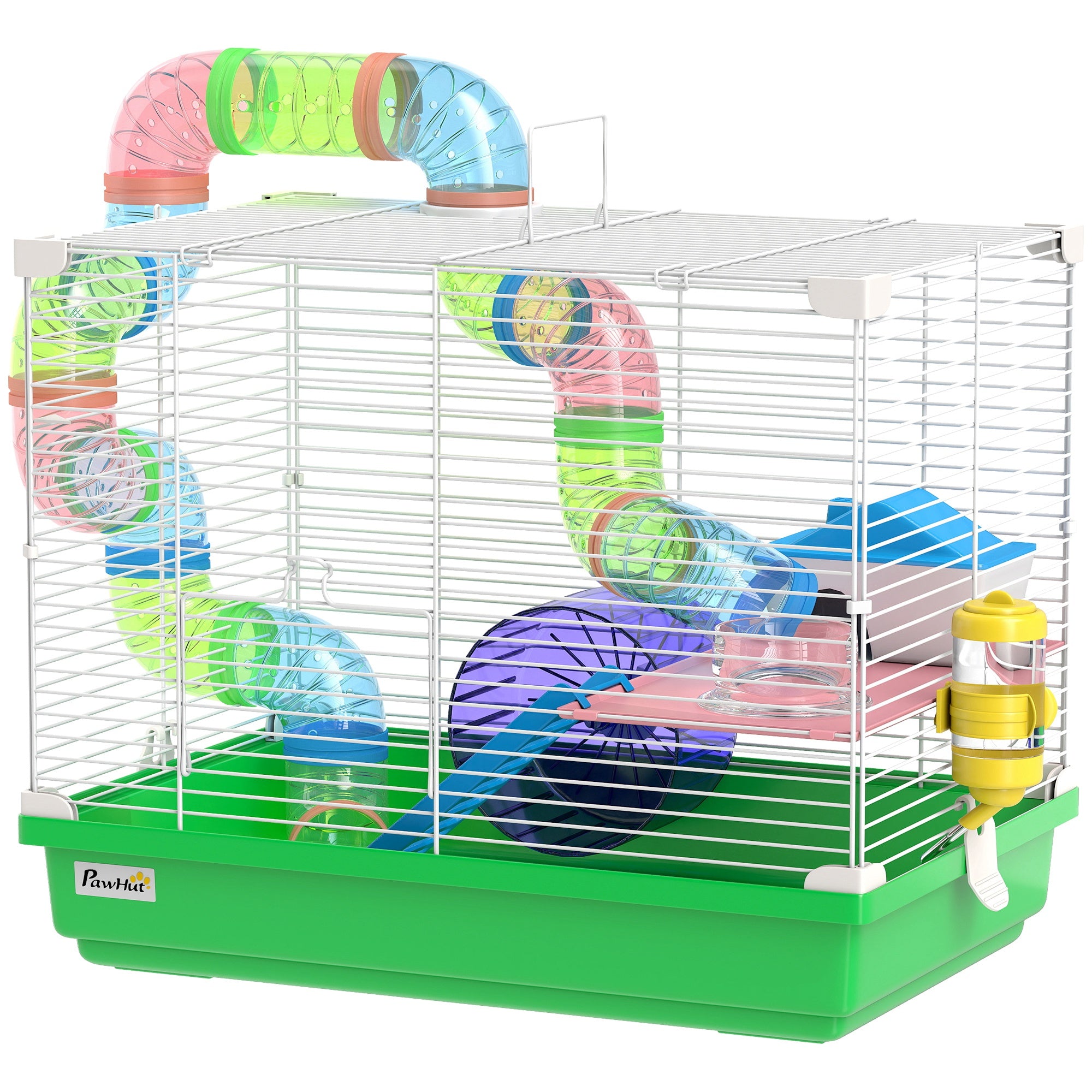 pawhut-cage-hamster-2-tages-avec-roue-tunnel-et-poign-e-verte image 2