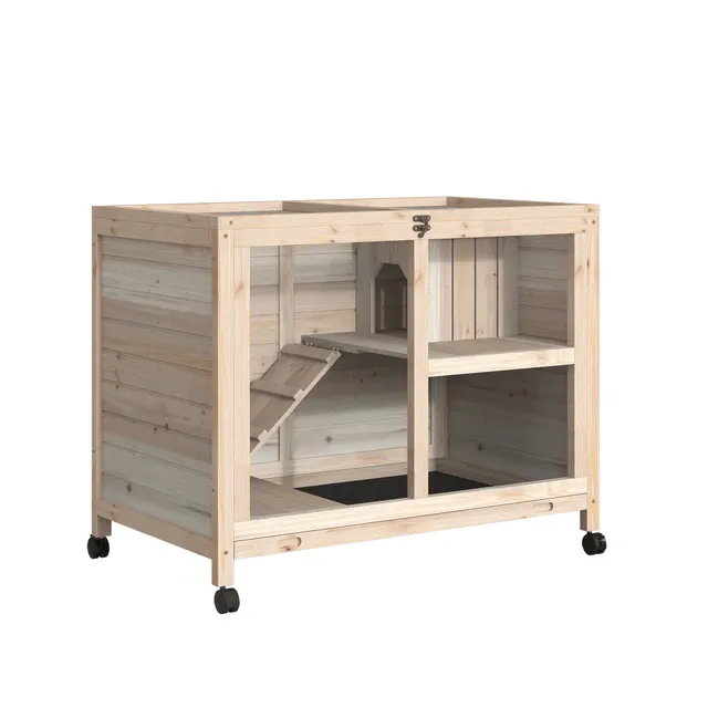 pawhut-cage-cochon-d-inde-2-tages-en-bois-roulettes-toit-ouvrant-naturel image 1