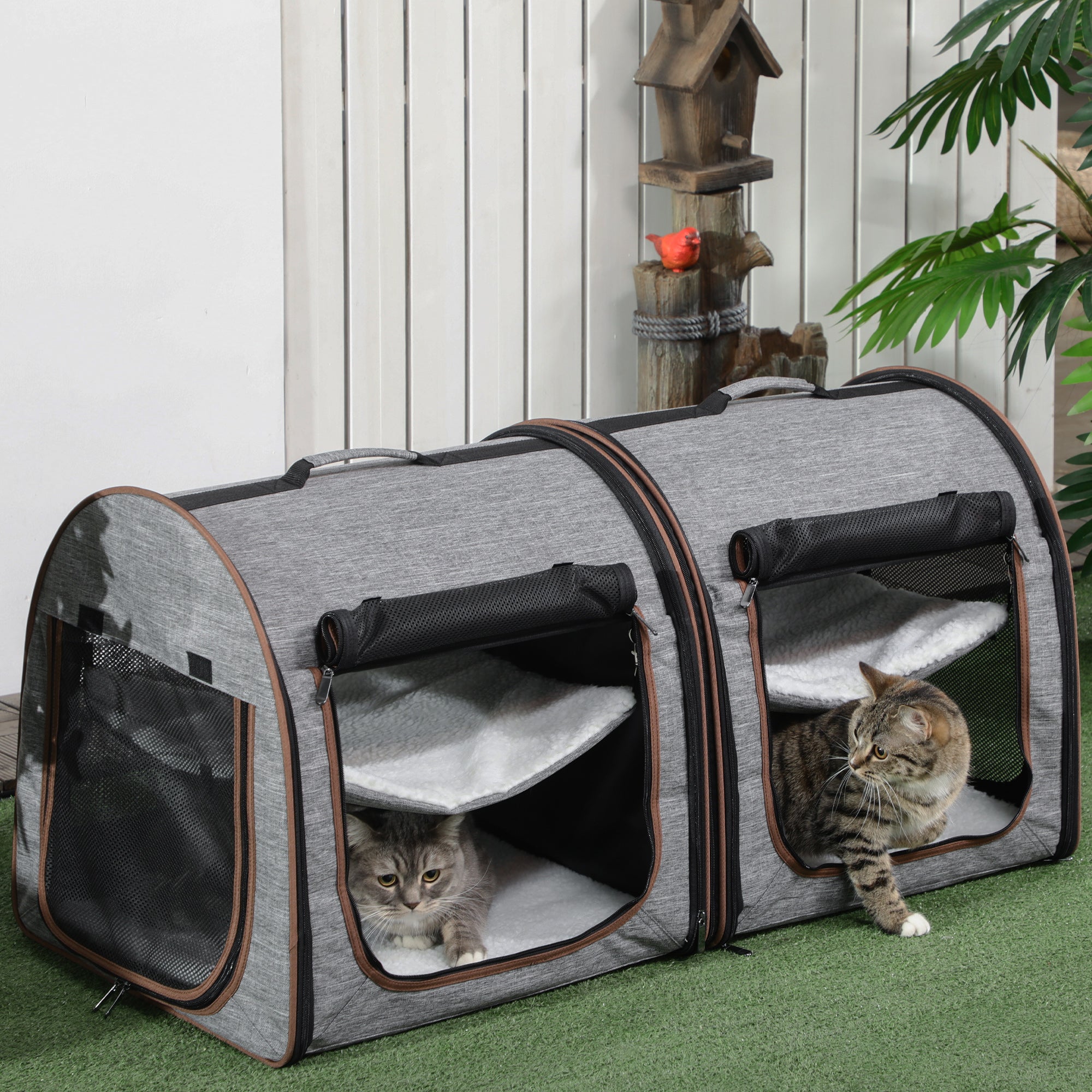 pawhut-sac-de-transport-double-pour-animaux-avec-s-parateur-et-coussins-gris image 3