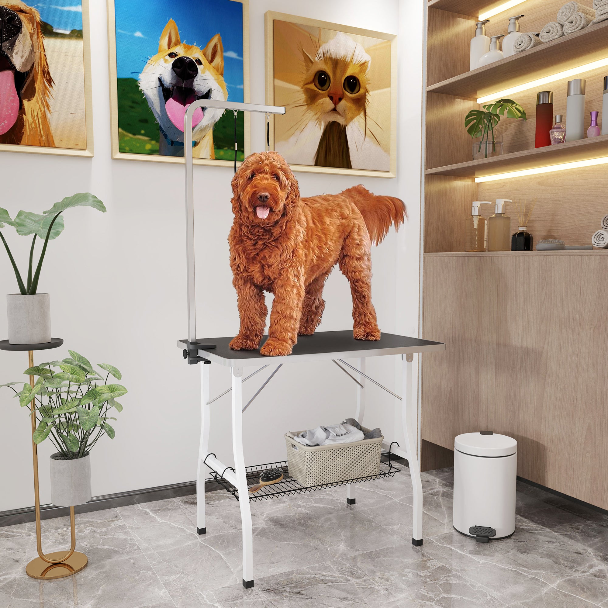 pawhut-table-de-toilettage-35-x-24-x-61-bras-r-glable-plateau-caoutchouc-noir image 3