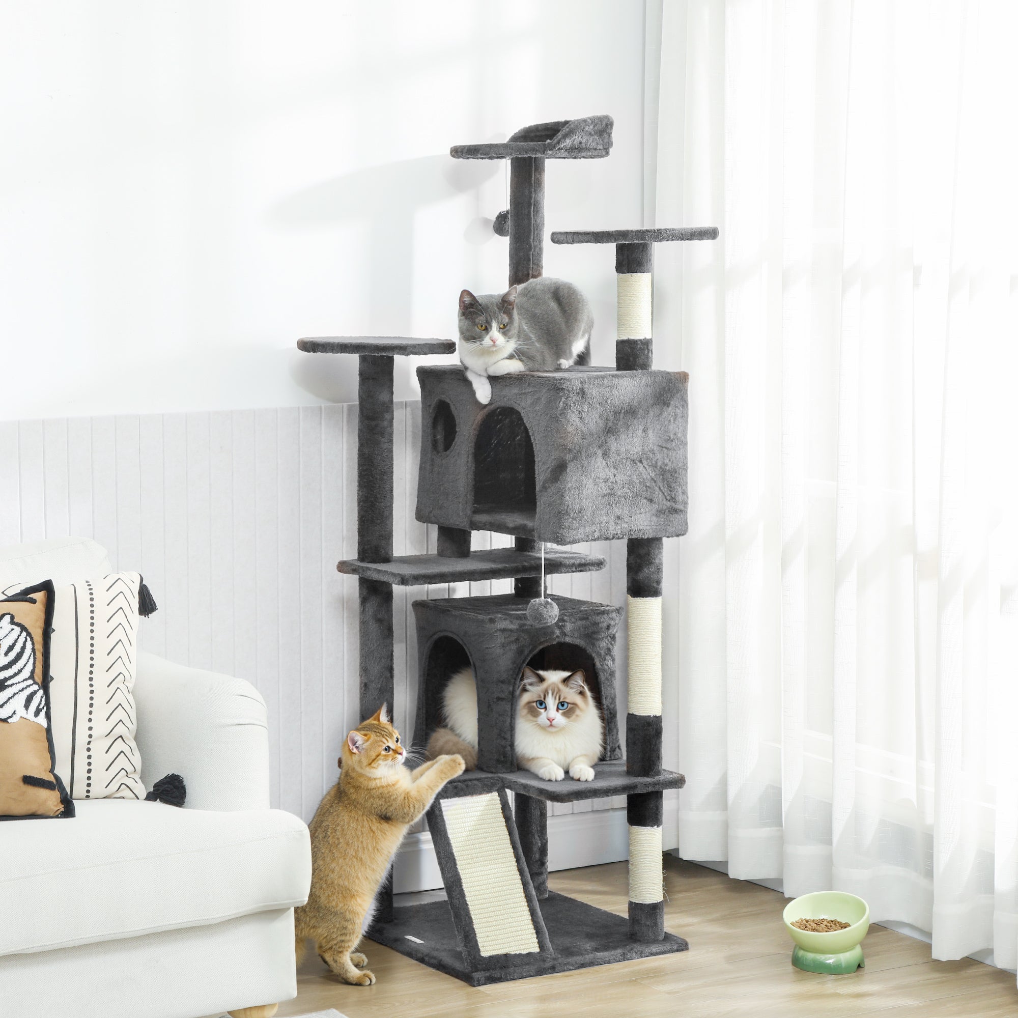 pawhut-arbre-chat-160-cm-avec-2-niches-lit-rampe-et-griffoirs-gris-fonc image 3