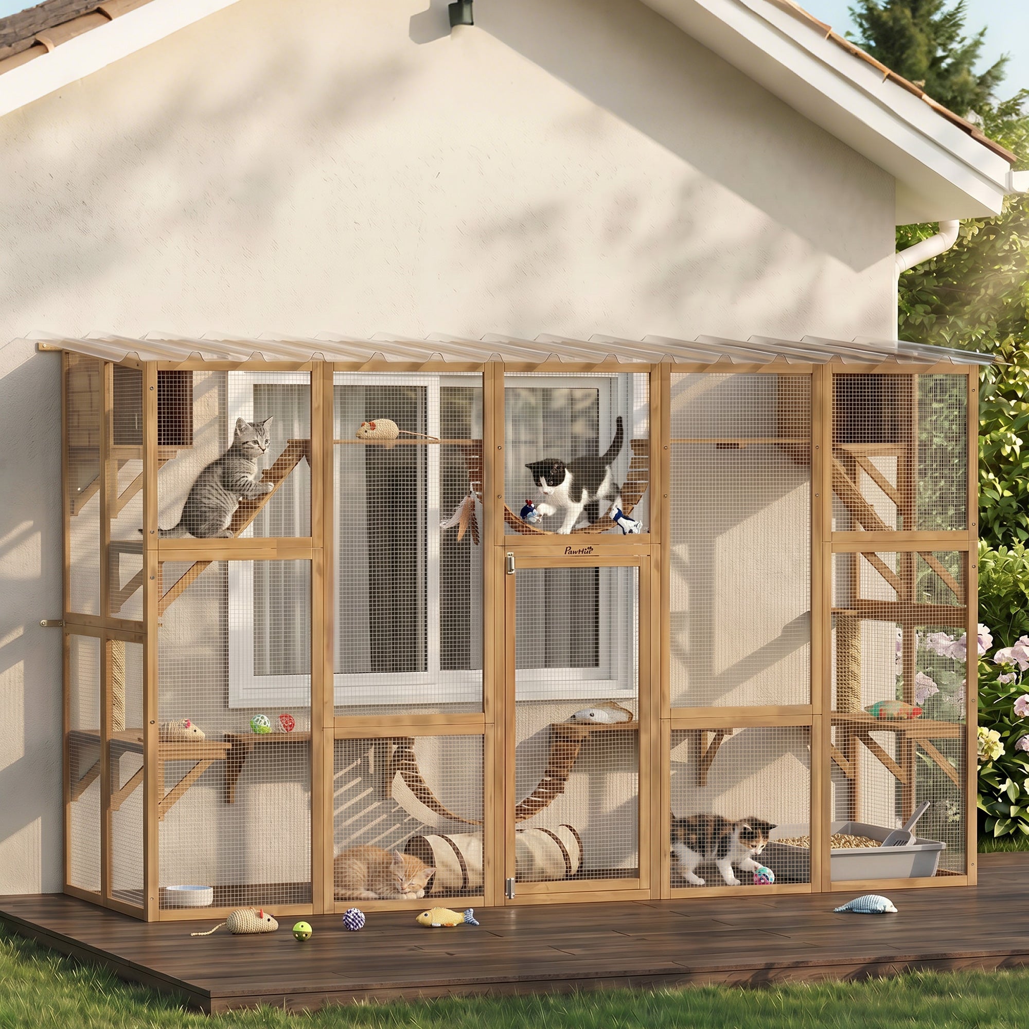 pawhut-enclos-ext-rieur-pour-chats-jaune-300-x-95-x-188-cm-avec-toit-plateformes image 3