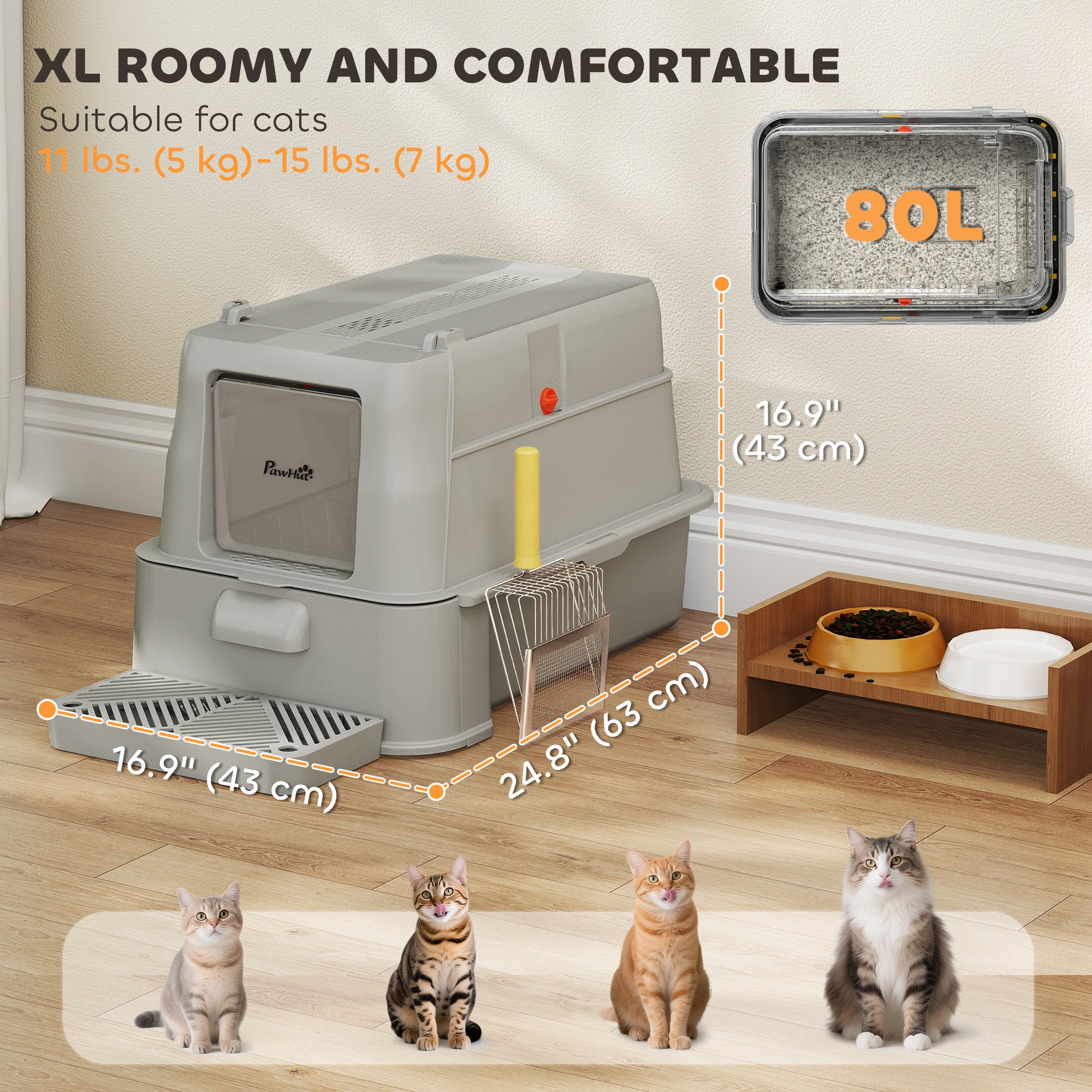 pawhut-bac-liti-re-xl-inox-avec-couvercle-et-tiroir-coulissant-gris-clair image 7