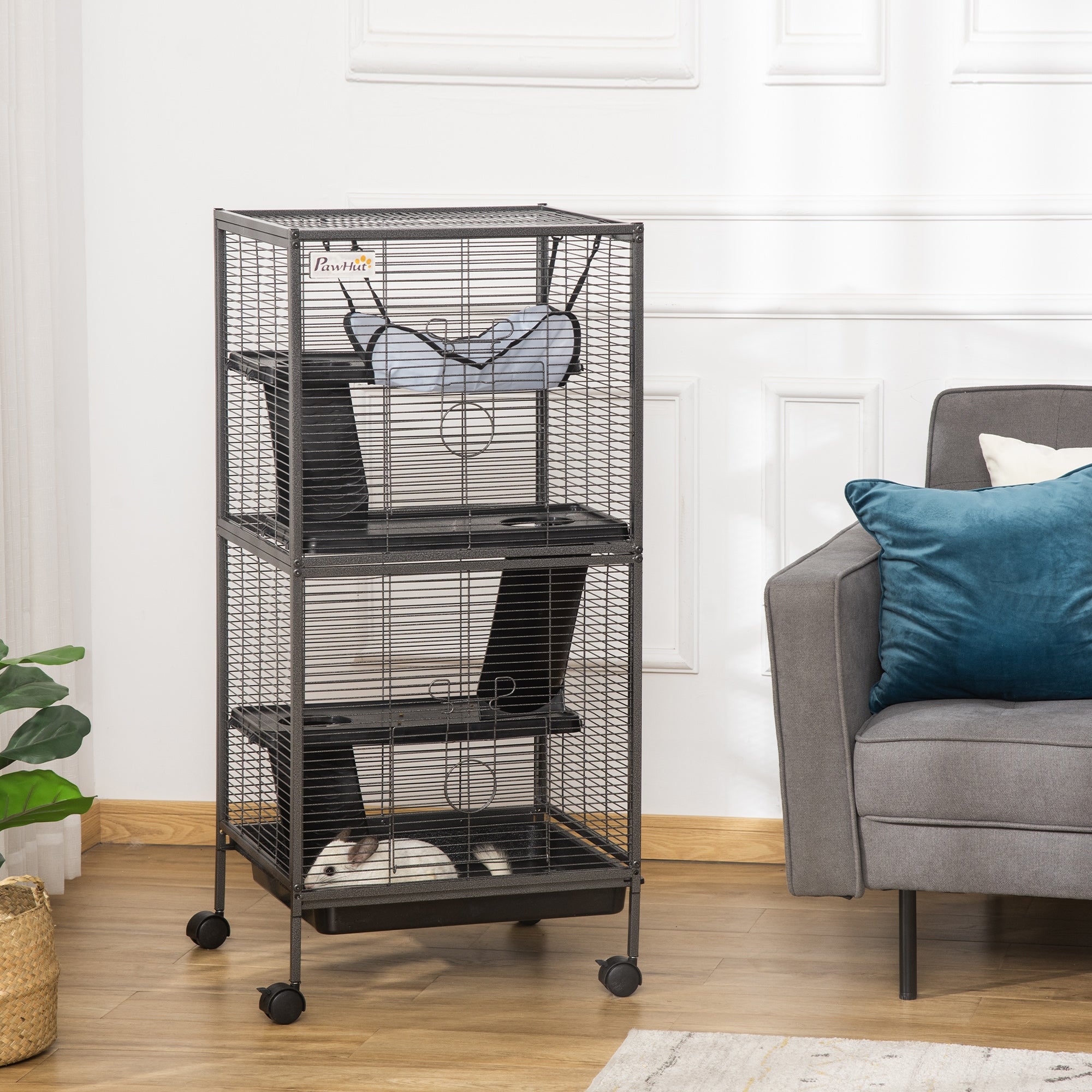 pawhut-cage-petits-animaux-4-tages-roulettes-avec-hamac-et-bac-gris image 4
