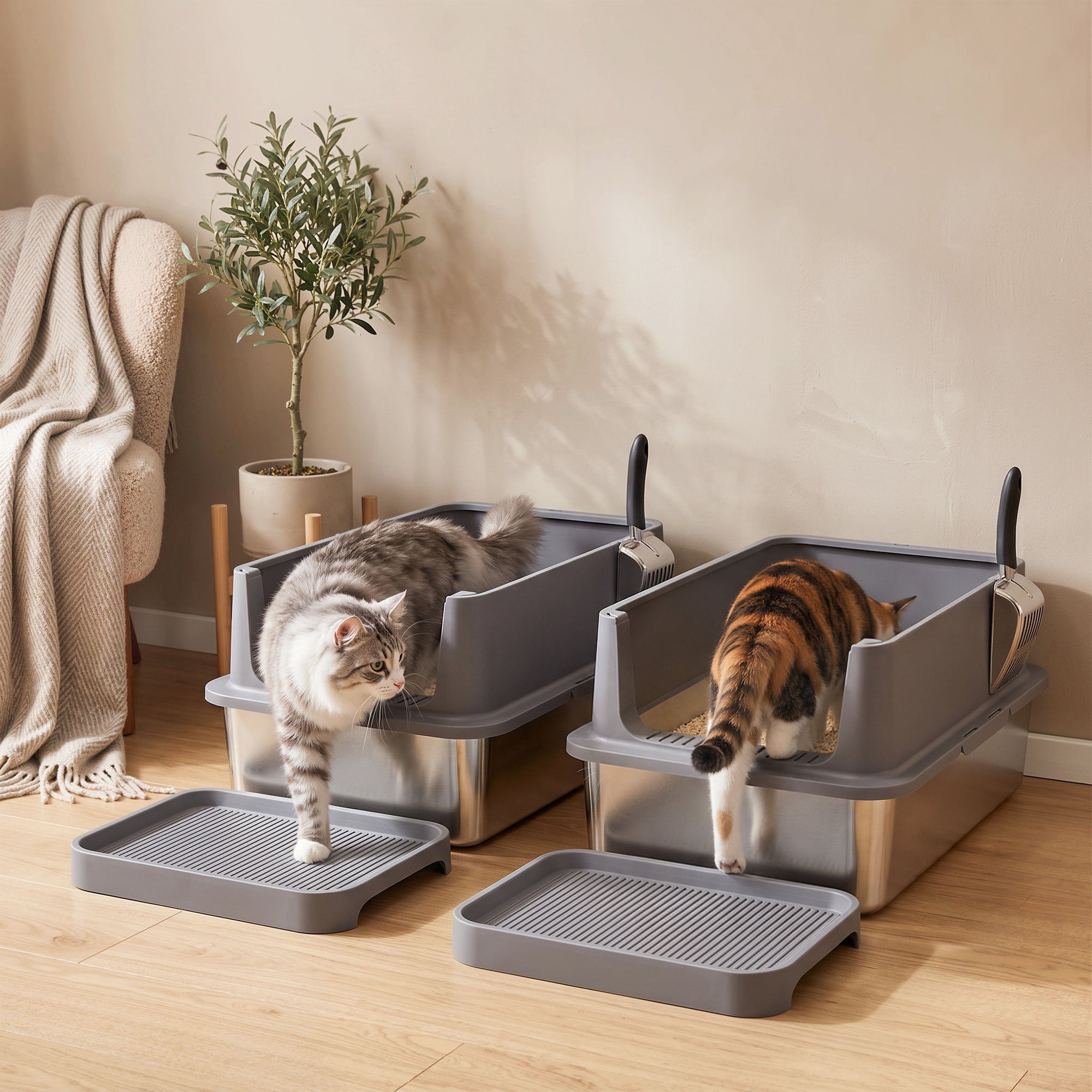 pawhut-bac-liti-re-chat-inox-xl-lot-de-2-avec-marche-et-pelles image 3