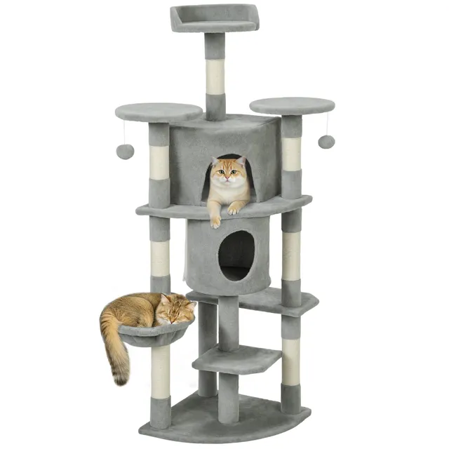 pawhut-arbre-chat-157-cm-62-avec-2-niches-hamac-et-perchoirs-gris-clair image 1