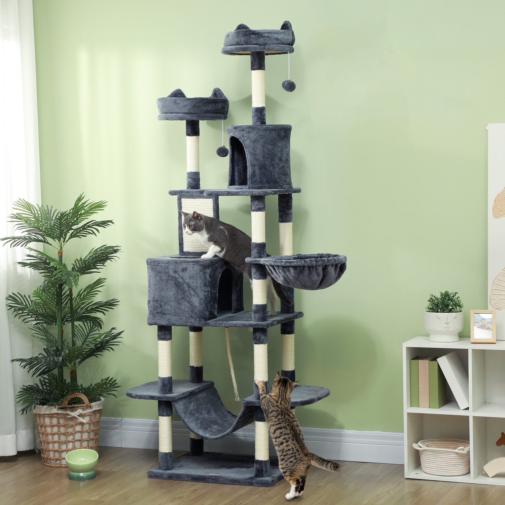 pawhut-arbre-chat-206-cm-multi-niveaux-avec-niches-et-griffoirs-sisal-gris-fonc image 3