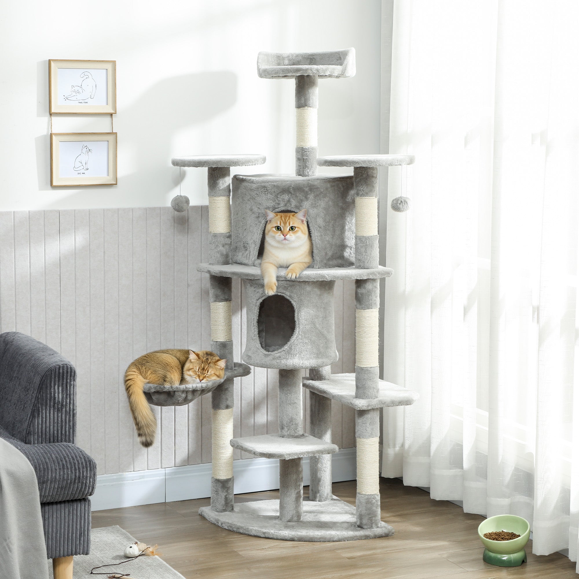 pawhut-arbre-chat-157-cm-62-avec-2-niches-hamac-et-perchoirs-gris-clair image 3