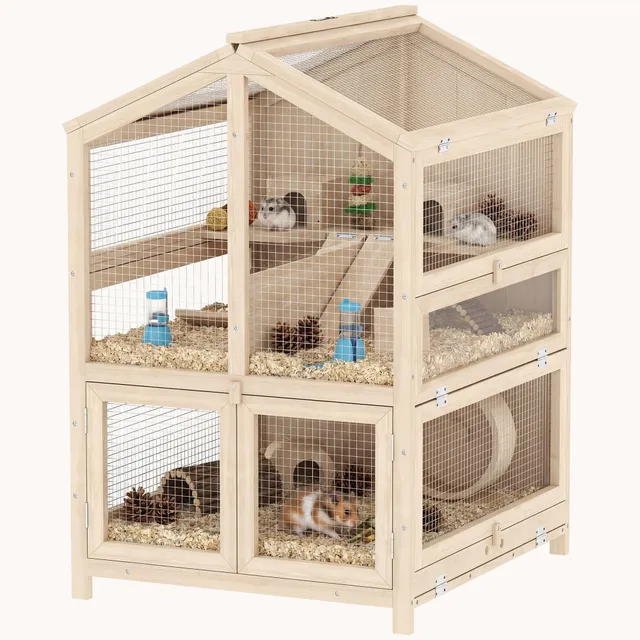 pawhut-cage-hamster-en-bois-3-tages-26-8-avec-s-parateur-toboggans-et-cabanes-na image 1