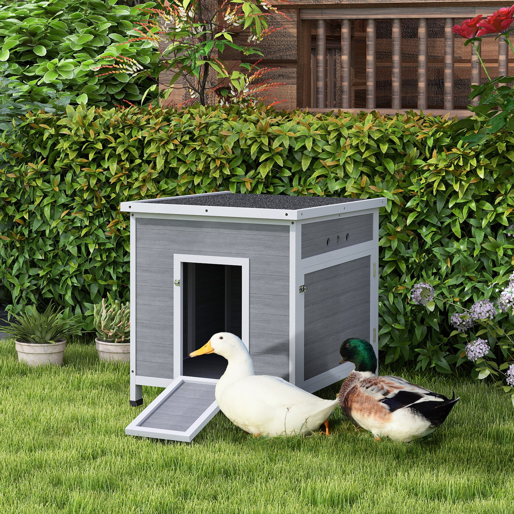 pawhut-maison-canards-2-4-canards-en-bois-double-portes-gris-clair image 3