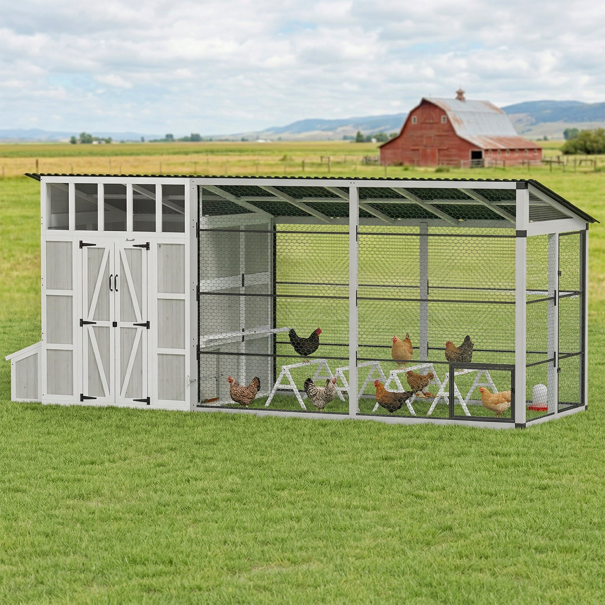 pawhut-poulailler-walk-in-212-10-15-poules-avec-enclos-gris-clair image 4