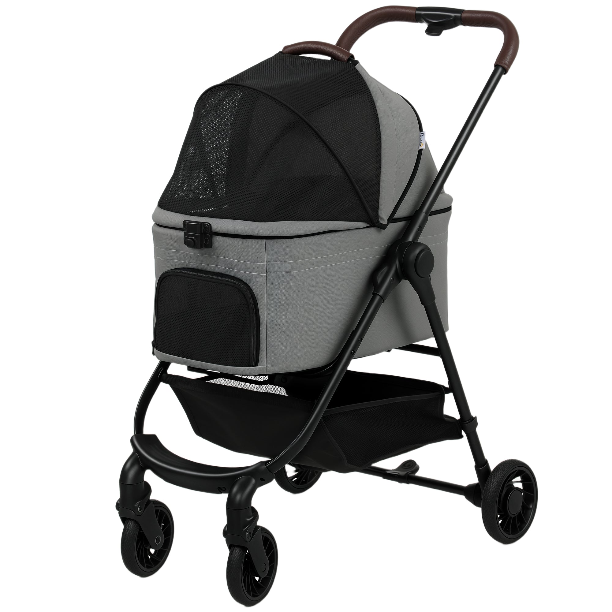 pawhut-poussette-pour-chien-3-en-1-pliable-avec-nacelle-d-tachable-gris image 2