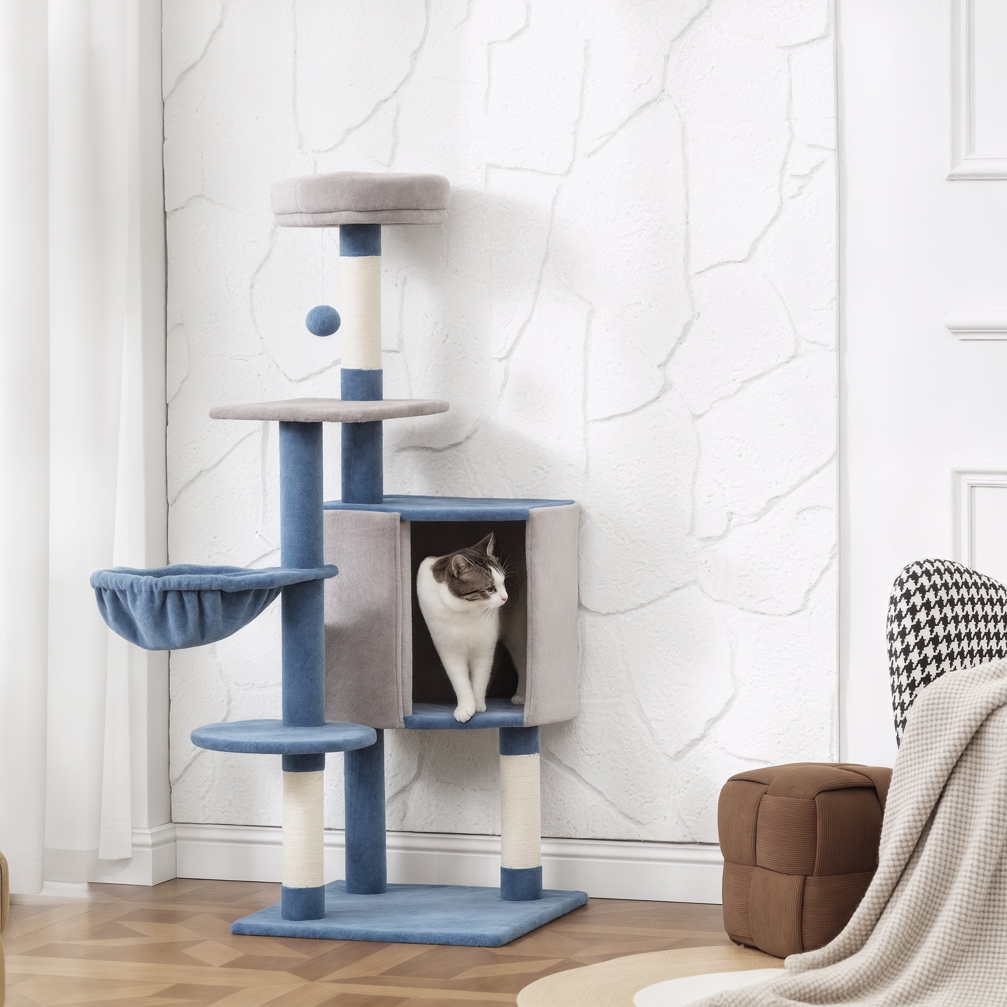 pawhut-arbre-chat-moderne-122-cm-bleu-gris-niche-hamac-perchoir-et-griffoirs image 4