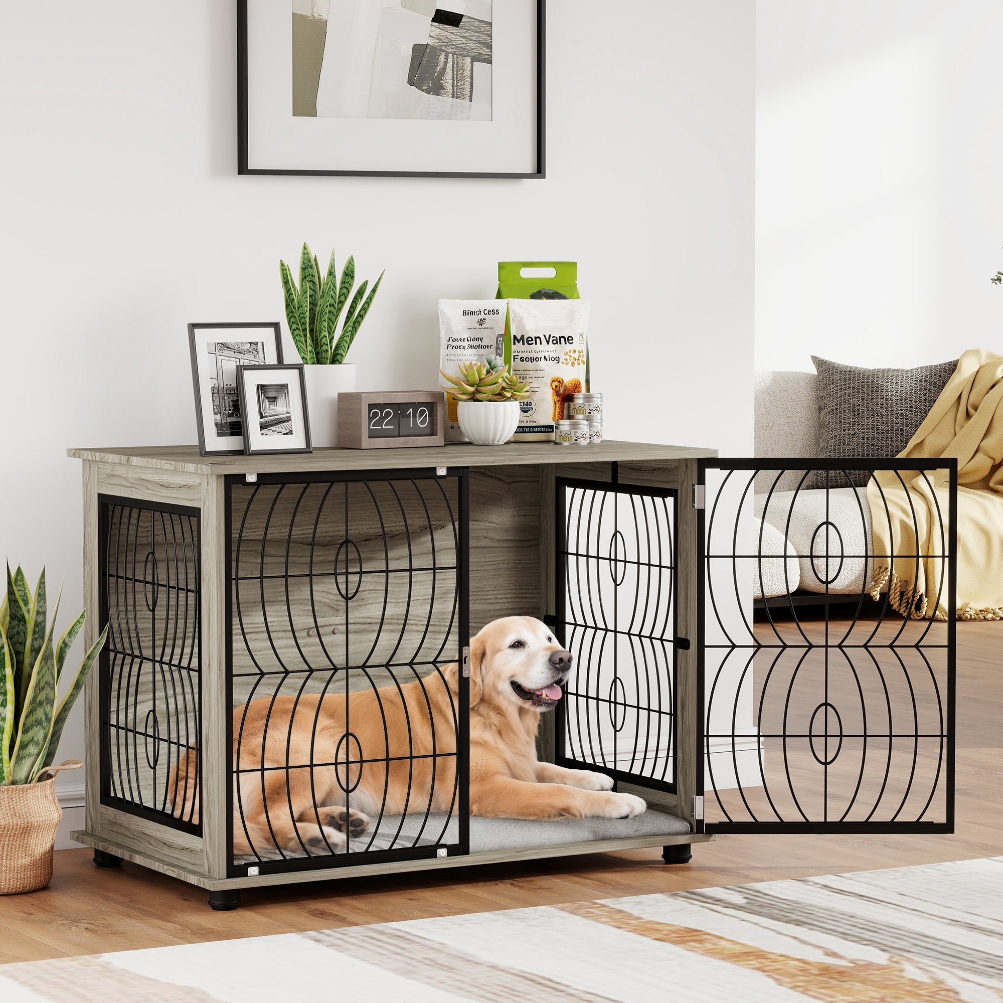 pawhut-niche-caisse-pour-chien-table-d-appoint-100x60x74-cm-avec-coussin-gris image 1