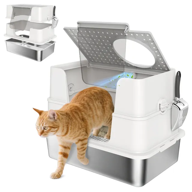 bac-liti-re-couvercle-pawhut-inox-avec-double-entr-e-gris-clair image 1