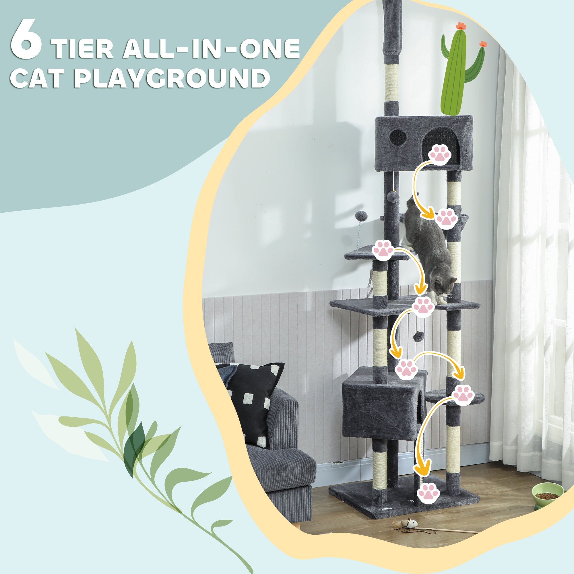 pawhut-arbre-chat-du-sol-au-plafond-230-250-cm-avec-2-niches-et-hamac-gris-fonc image 8