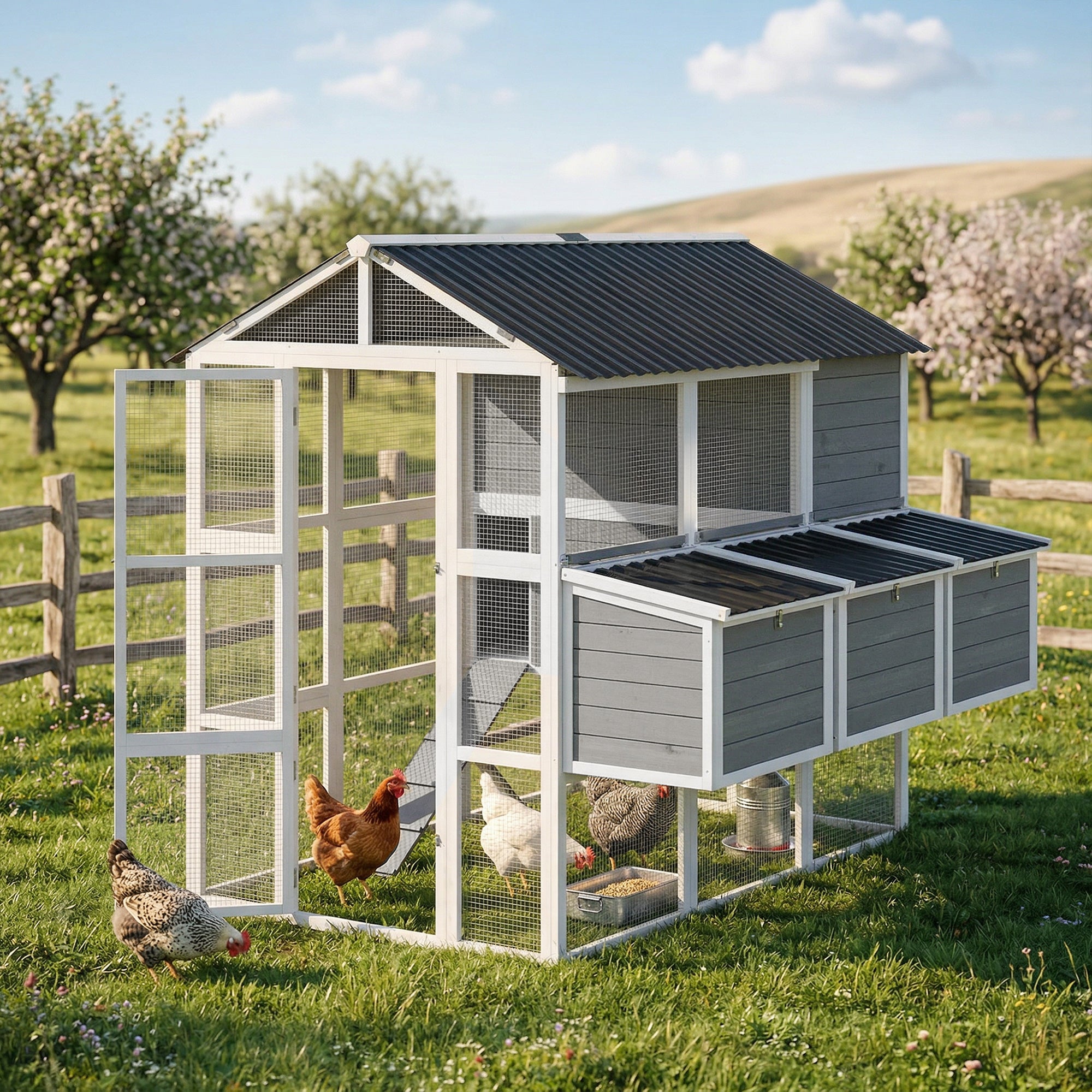 pawhut-poulailler-en-bois-77-avec-parc-pour-6-8-poules-gris image 3