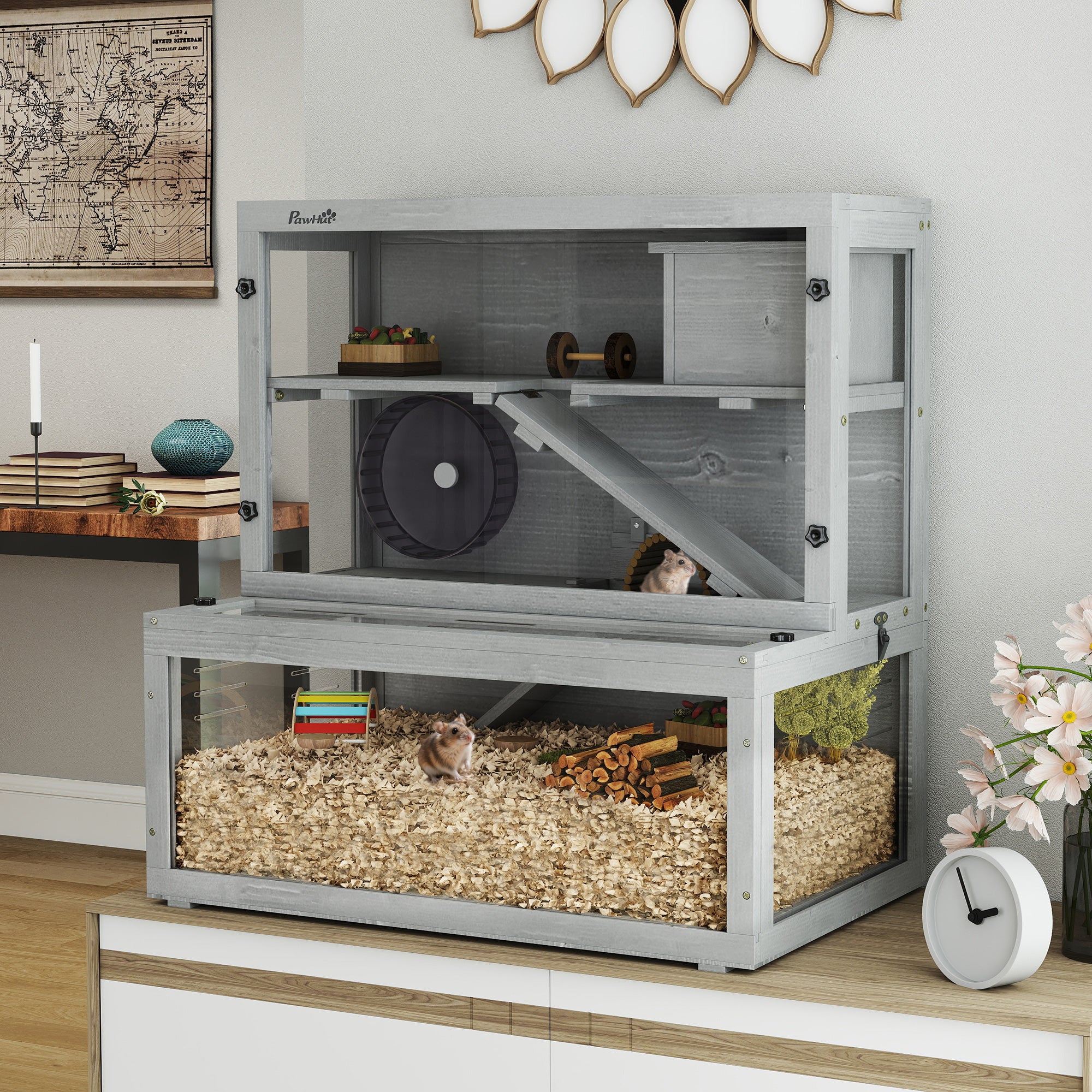 pawhut-cage-hamster-3-niveaux-bois-de-sapin-panneau-transparent-gris image 4