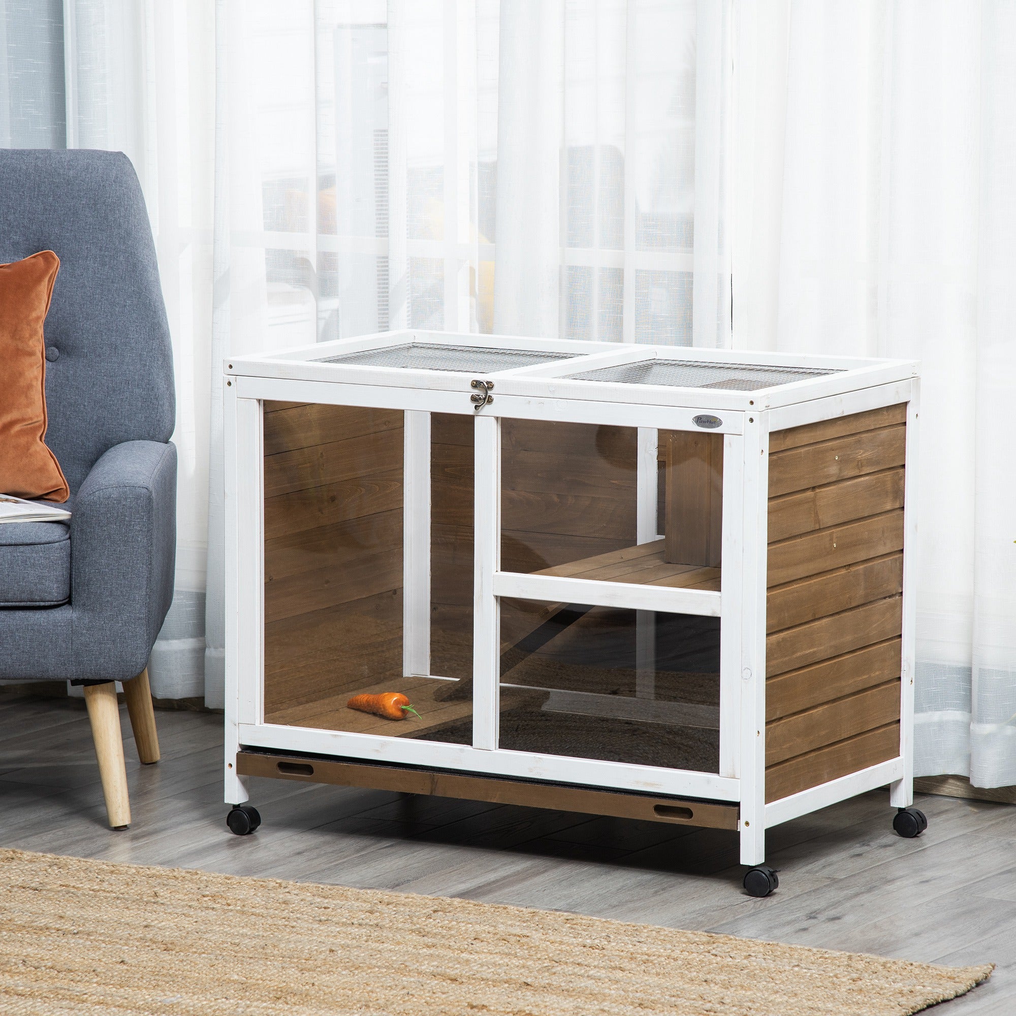 pawhut-cage-mobile-en-bois-2-tages-pour-petit-animal-avec-toit-ouvrant-marron image 4