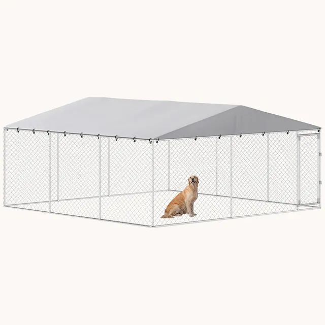 pawhut-chenil-ext-rieur-4-5-x-4-5-m-avec-toit-imperm-able-argent image 1