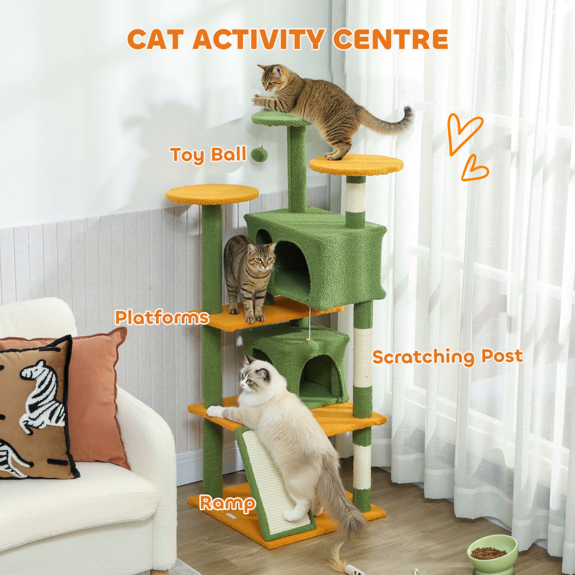 pawhut-arbre-chat-137-cm-54-vert-avec-niches-hamac-rampe-et-griffoirs-sisal image 6