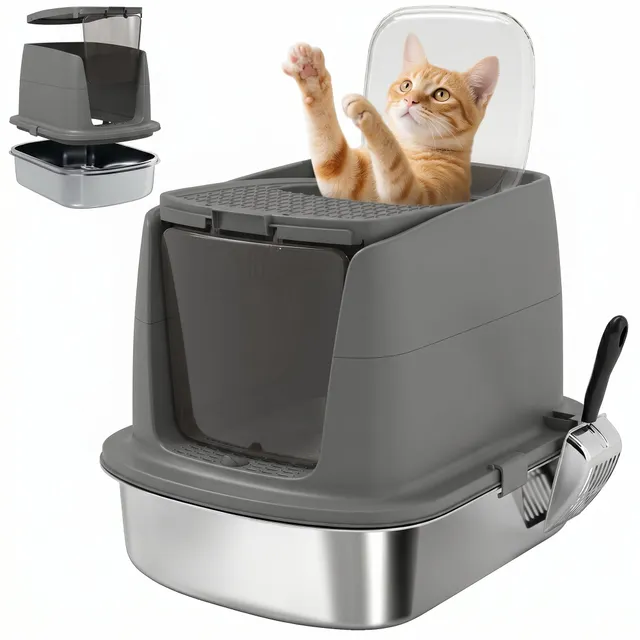 pawhut-bac-liti-re-chat-inox-avec-capot-et-abattant-rabattable-gris-fonc image 1