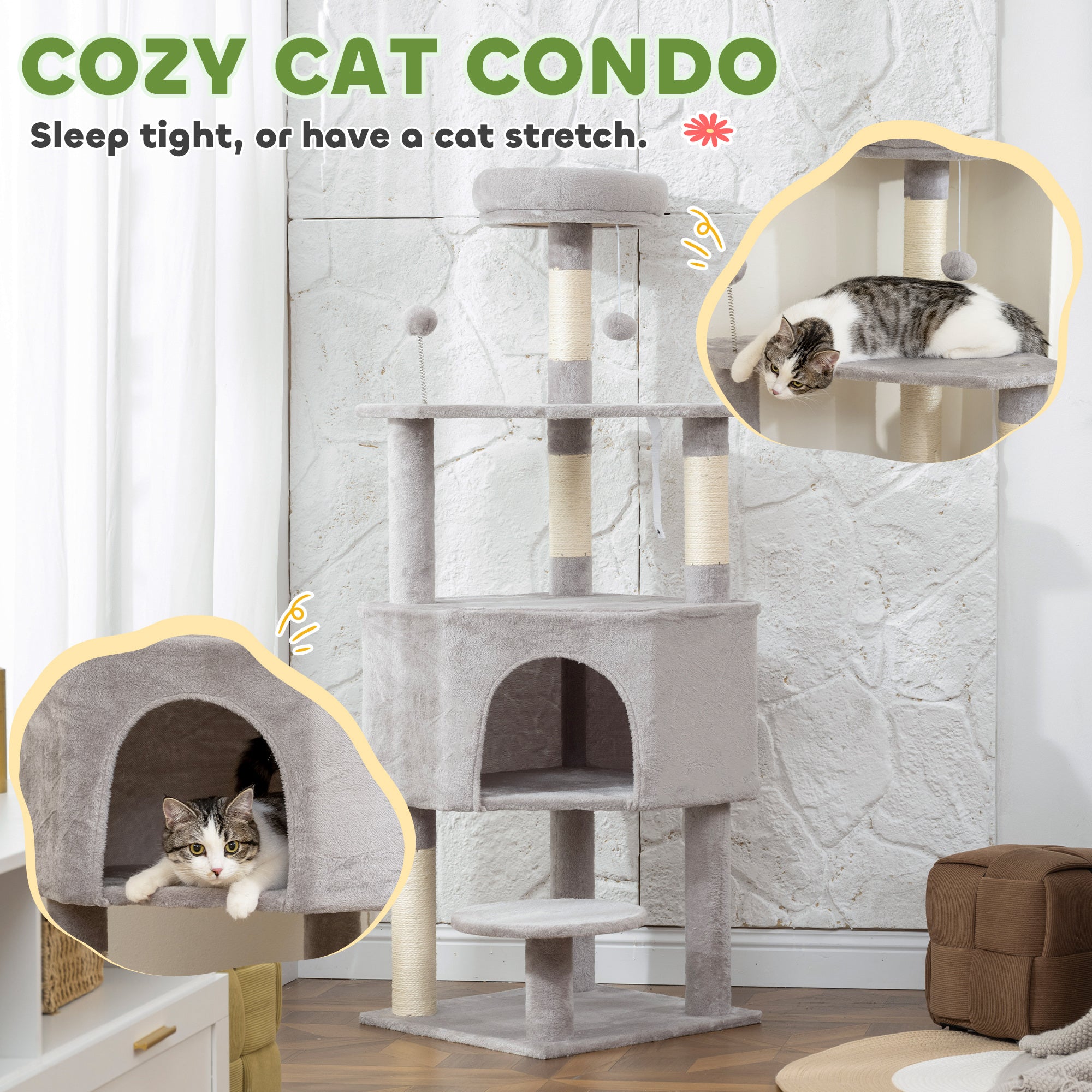 pawhut-arbre-chat-54-avec-niche-perchoir-et-griffoirs-sisal-gris-clair image 7