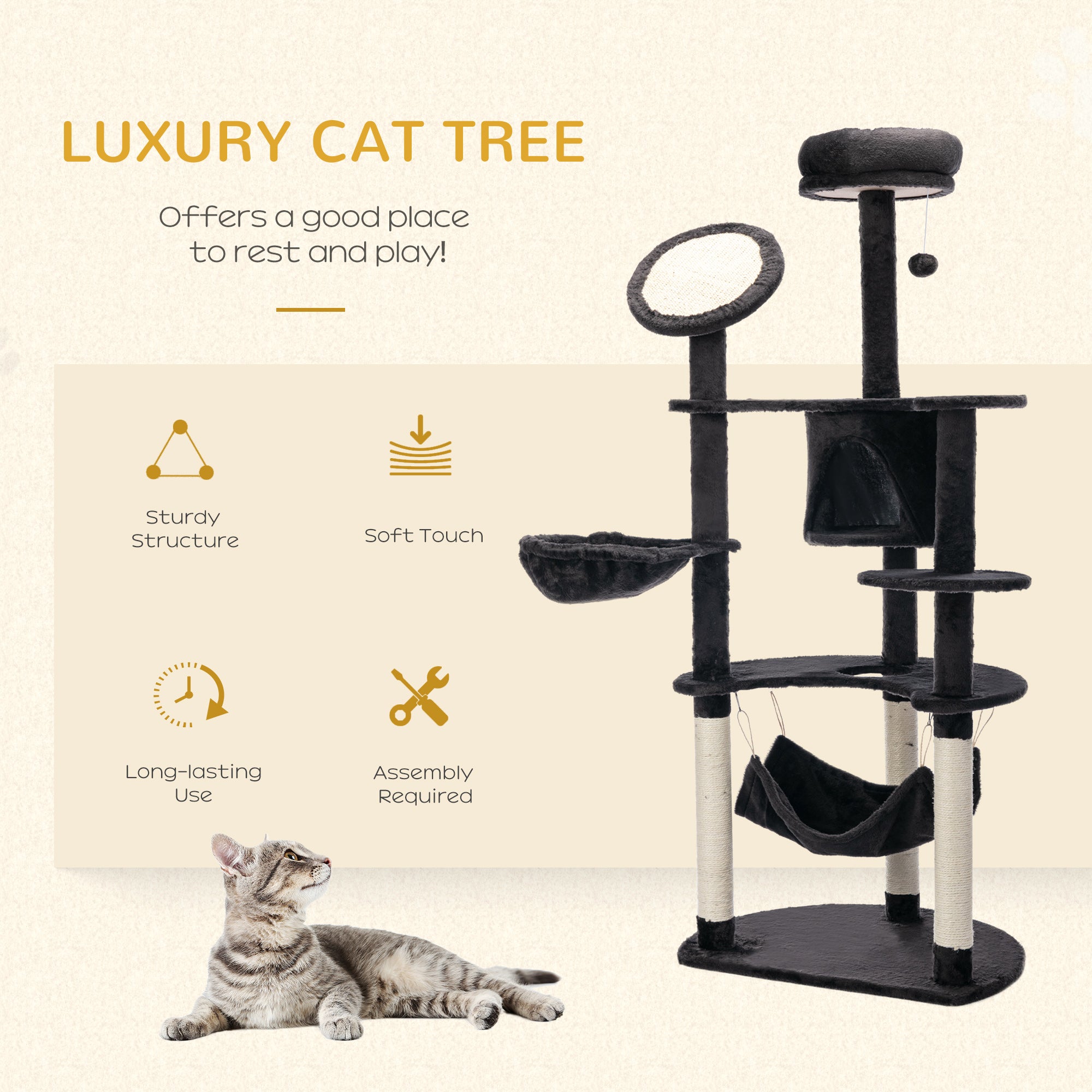 pawhut-arbre-chat-150-cm-avec-niche-2-hamacs-et-griffoirs-gris-fonc image 6