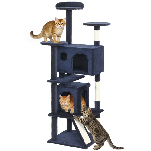 pawhut-arbre-chat-63-avec-condos-lit-rampe-et-griffoir-bleu-fonc image 1