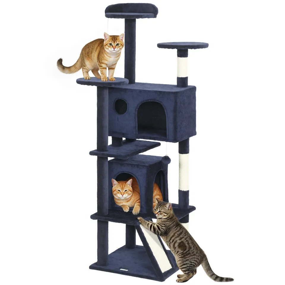pawhut-arbre-chat-63-avec-condos-lit-rampe-et-griffoir-bleu-fonc image 1