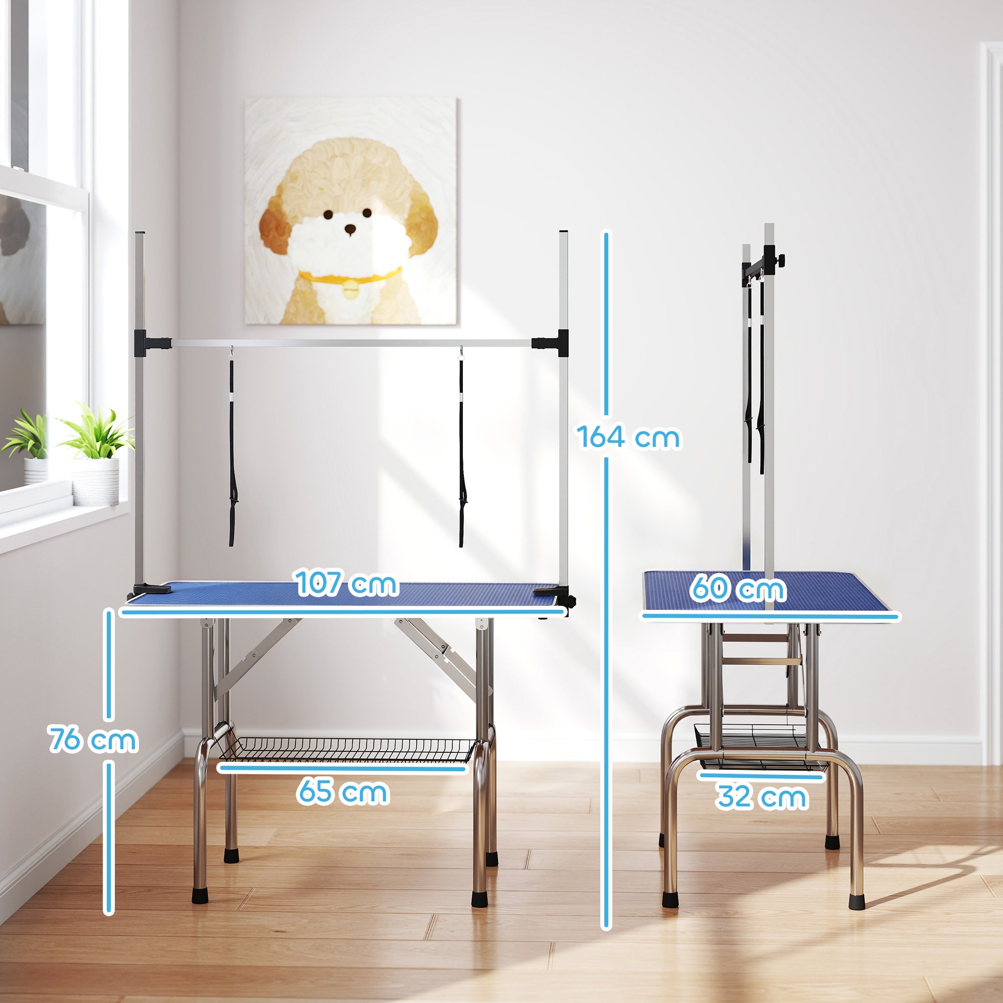 pawhut-table-de-toilettage-pliable-107x60x170cm-plateau-caoutchouc-bleu image 5