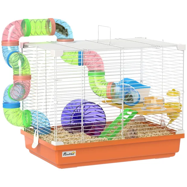 pawhut-cage-hamster-18-2-niveaux-avec-tubes-et-accessoires-orange image 1
